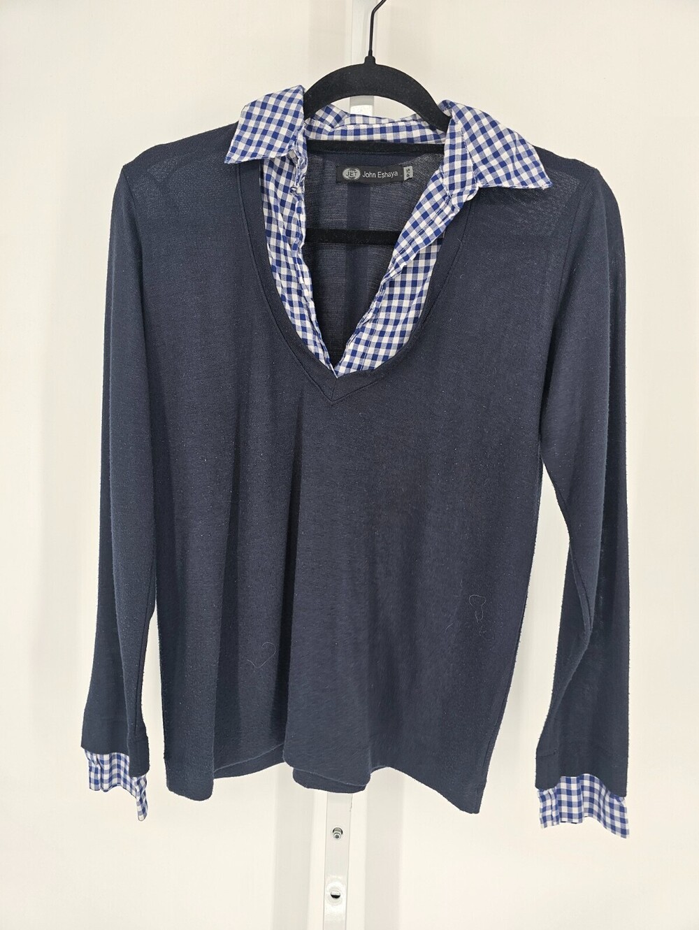 John Eshaya Womens Sz S Long Sleeve Layered Top Navy Blue Plaid Preppy